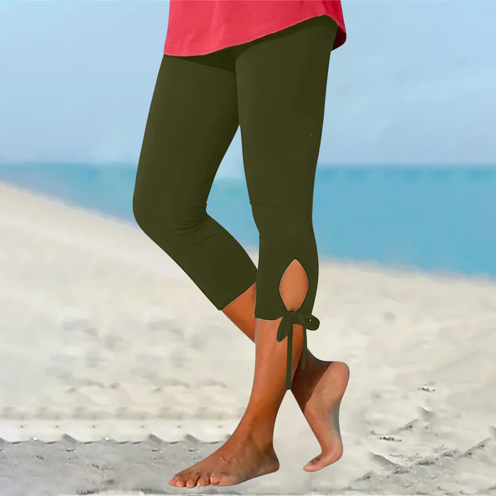 thumbnail image 2 of Leggings cortos de cintura alta con aberturas para mujer - Tejido elástico, pantalones informales para hacer ejercicio y para la playa, 2 of 6